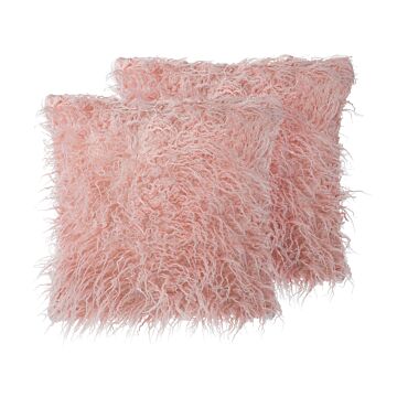 Set Of 2 Decorative Cushions Pink Faux Fur Shaggy 45 X 45 Cm Beliani