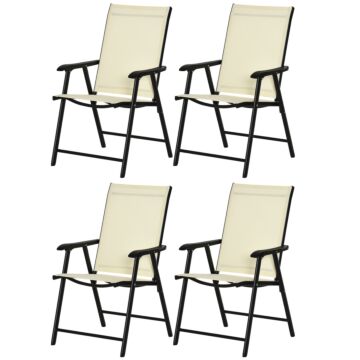 Outsunny Set Of 4 Folding Garden Chairs, Metal Frame Garden Chairs Outdoor Patio Park Dining Seat With Breathable Mesh Seat, Beige