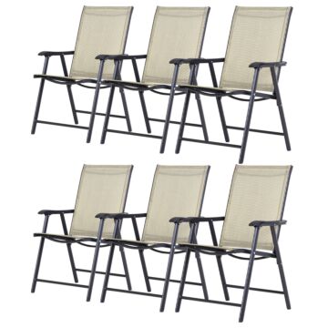Outsunny Set Of 6 Folding Garden Chairs, Metal Frame Garden Chairs Outdoor Patio Park Dining Seat With Breathable Mesh Seat, Beige