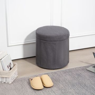 Homcom 40cm Round Storage Ottoman, Corduroy Footstool With Removable Lid And Legs, Vanity Stool For Living Room, Bedroom, Grey