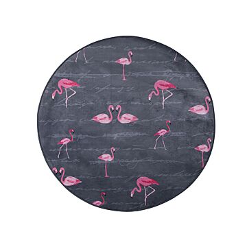 Round Rug Grey And Pink Printed Flamingos Ø 120 Low Pile For Children Beliani