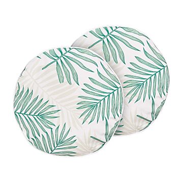 Set Of 2 Garden Cushions Beige And Green Polyester Palm Leaf Motif Pattern ⌀ 40 Cm Modern Outdoor Decoration Water Resistant Beliani