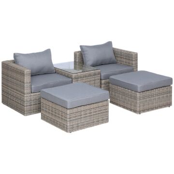 Outsunny 2 Seater Rattan Garden Furniture Set W/ Tall Glass-top Table Aluminium Frame Plastic Wicker Thick Soft Cushions Outdoor Balcony Sofa, Grey