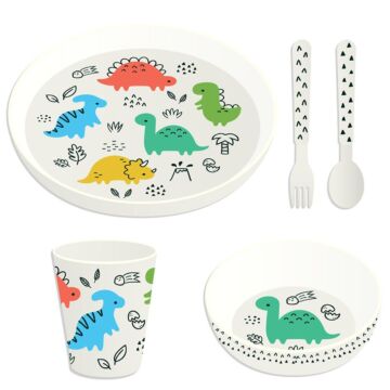 Recycled Rpet Set Of 5 Kids Cup, Bowl, Plate & Cutlery Set - Dinosauria