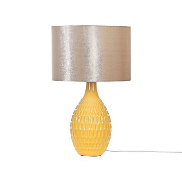 Table Lamp Yellow Ceramic 54 Cm Retro Night Light Shade Embossed Glossy Bedroom Living Room Beliani