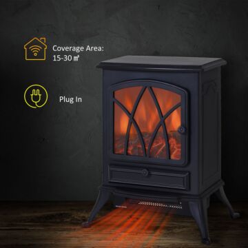 Homcom Free Standing Electric Fireplace Stove With Fan And Log Burning Flame Effect 2000w / 1000w Room Heater Wood Burner 2 Heat Settings (black)