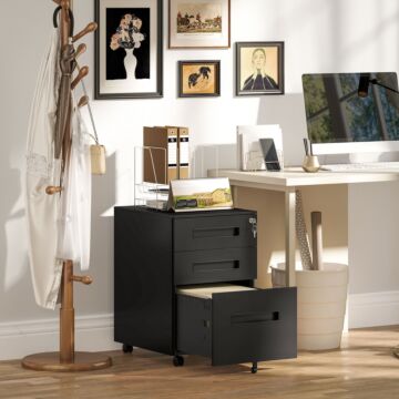 Vinsetto Metal Mobile File Cabinet With Wheels, Lockable 3 Drawer Filing Cabinet For A4, Legal, Letter, Under Desk Office Cabinet With Pre-assembled Body For Home Office, 39 X 48 X 60 Cm, Black