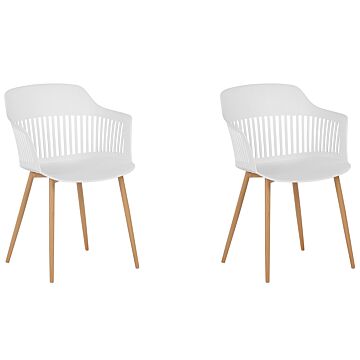 Set Of 2 Dining Chairs White Synthetic Material Metal Legs Open Work Backrest Modern Living Room Beliani