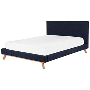 Eu Super King Size Bed Dark Blue Chenille 6ft Upholstered Frame Channel Tufted Headboard Beliani
