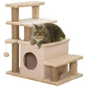 Pawhut Adjustable Cat Steps, With House & Hanging Toy Ball - Beige | Aosom Uk