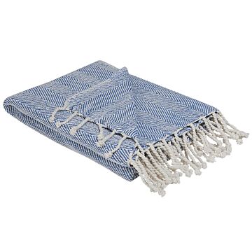 Blanket Blue Cotton 130 X 160 Cm Bed Throw Boho Coastal Beliani