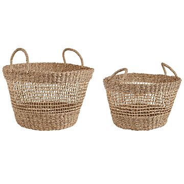 Set Of 2 Baskets Natural Seagrass With Handles Woven Home Accessory Boho Style Beliani