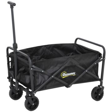 Outsunny 62l Festival Trolley On Wheels, Garden Folding Trolley Cart, 120kg Heavy Duty Collapsible Folding Wagon With Adjustable Handle And Carrying Bag For Beach, Camping, Festival, Black