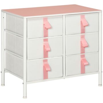 Homcom Chest Of Drawers, Cloth Organizer Unit With 6 Fabric Drawers, Metal Frame And Wooden Top, Storage Cabinet For Kids Room, Living Room, Pink