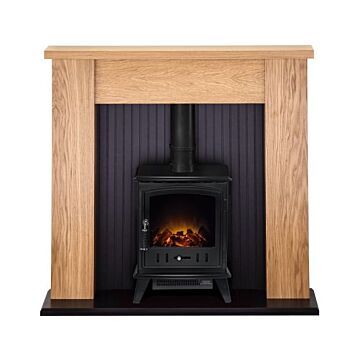 Adam New England Stove Fireplace In Oak With Aviemore Electric Stove In Black, 48 Inch