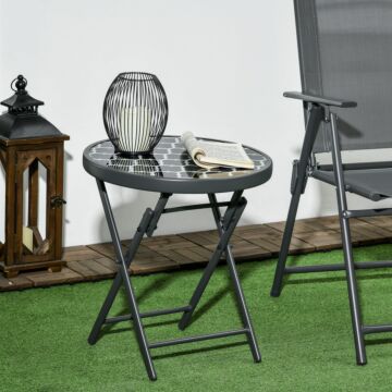 Outsunny Φ45cm Outdoor Side Table, Round Folding Patio Table With Imitation Marble Glass Top, Small Coffee Table, Black