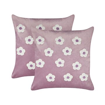 Set Of 2 Scatter Cushions Violet Velvet Polyester Fabric Flowers Pattern 45 X 45 Cm Pillows For Kids Beliani