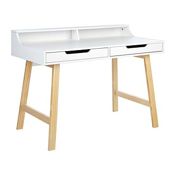 Desk Light Wood And White Mdf Top 110 X 60 Cm Solid Wood Legs 2 Drawers Open Compartments Beliani