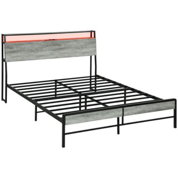 Homcom Double Steel Bed Frame, With Led Lights And Headboard Shelf - Grey