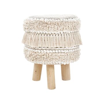 Footstool Beige Decorative Cotton Knit Wooden Legs Decorative Tassels Boho Design Beliani