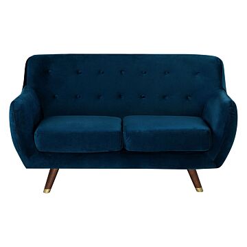 Sofa Navy Blue Velvet 2 Seater Button Tufted Back Cushioned Seat Wooden Legs Beliani