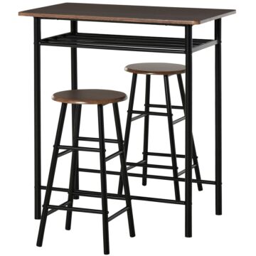 Homcom Bar Table Set, Bar Set-1 Bar Table And 2 Stools With Metal Frame Footrest And Storage Shelf, For Kitchen, Dining Room, Pub, Cafe, Black And Oak