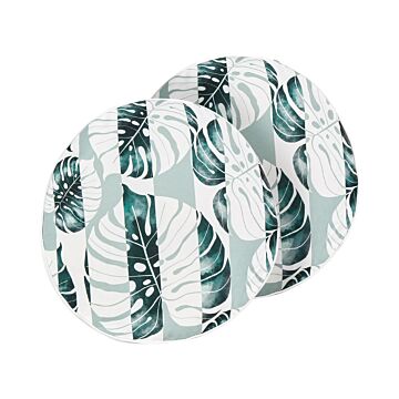 Set Of 2 Garden Cushions Green Polyester Leaf Striped Pattern ⌀ 40 Cm Round Modern Outdoor Decoration Water Resistant Beliani