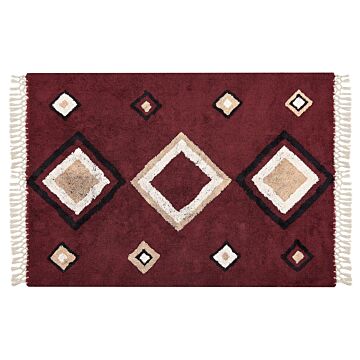 Area Rug Red Cotton 140 X 200 Cm Rectangular With Tassels Diamond Pattern Boho Oriental Style Beliani