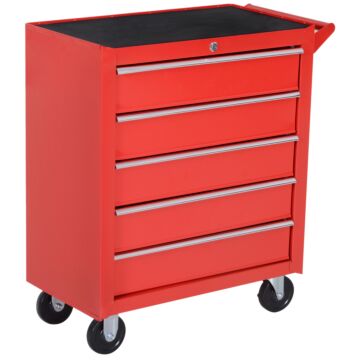 Durhand 5 Drawer Roller Tool Cabinet Storage Box Workshop Chest Garage Wheeling Trolley W/ Handle - Red