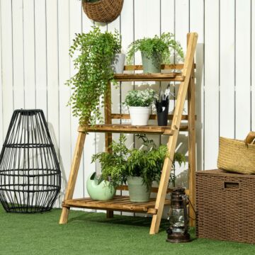 Outsunny Wooden Folding Flower Pot Stand 3 Tier Garden Planter Display Ladder Gardener Storage Shelves Rack Herb Holder (60l X 37w X 93h (cm))