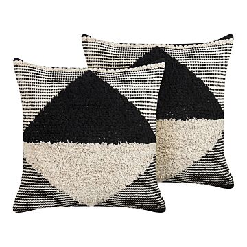 Set Of 2 Scatter Cushions Beige And Black Cotton 50 X 50 Cm Geometric Pattern Handwoven Removable Cover With Filling Beliani