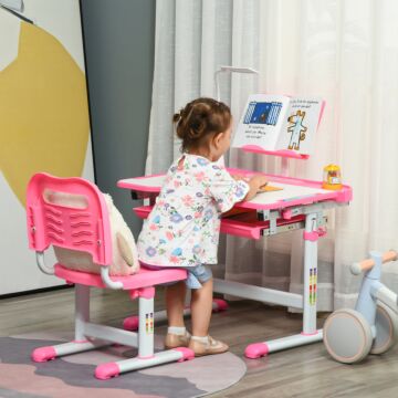 Homcom Kids Desk And Chair Set, Height Adjustable Study Desk With Usb Lamp, Storage Drawer For Study, Pink And White