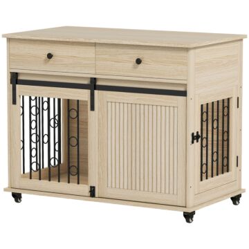 Pawhut Dog Crate Furniture On Wheels, Dog Cage With 2 Drawers, Sliding Door, For Medium Large Dogs, Oak Tone