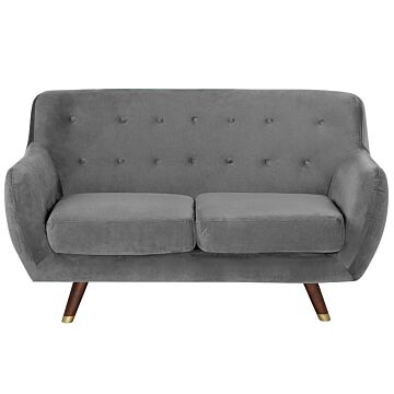 Sofa Grey Velvet 2 Seater Button Tufted Back Cushioned Seat Wooden Legs Beliani