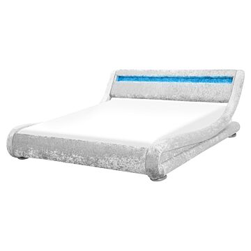 Platform Bed Frame Silver Velvet Upholstered Led Illuminated Headboard 5ft3 Eu King Size Sleigh Design Beliani