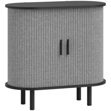 Homcom Tambour Sideboard With Fluted Sliding Doors, Modern Kitchen Cupboard With Storage Shelves And Wooden Legs, Grey