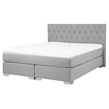 Eu King Divan Bed Grey Fabric Upholstered 5ft3 Frame With Mattress And Button Tufted Headrest Beliani