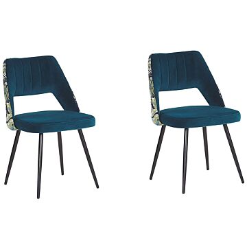 Set Of 2 Dining Chairs Blue Velvet Seat Black Metal Legs Cut-out Back Floral Pattern Beliani