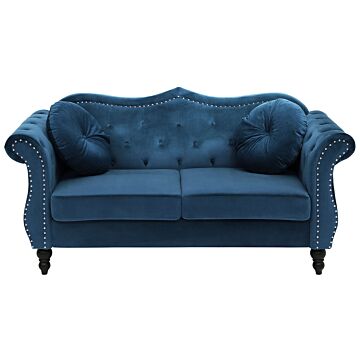 Sofa Blue Velvet 2 Seater Nailhead Trim Button Tufted Throw Pillows Rolled Arms Glam Beliani