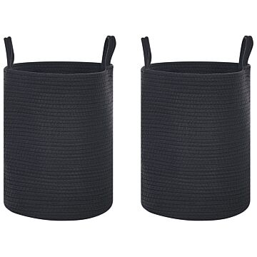 Set Of 2 Storage Baskets Black Cotton Handmade With Handles Solid Colour Laundry Hamper Fabric Bin Beliani