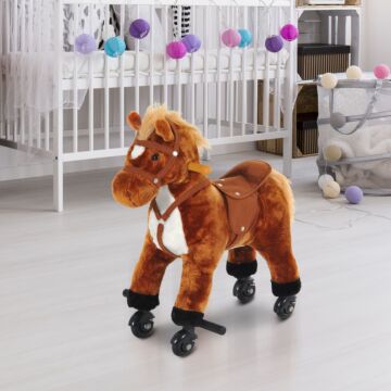 Homcom Rocking Horse Plush Kids Ride On Gift Wooden Action Pony Wheeled Walking Riding Little Baby Toy W/sound-brown