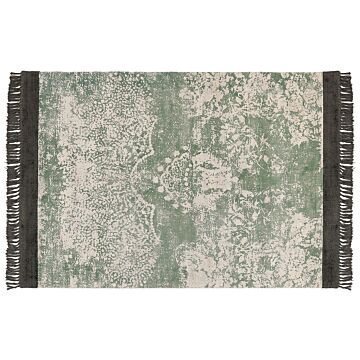 Area Rug Green And Beige Viscose With Cotton Backing With Fringes 160 X 230 Cm Style Vintage Distressed Pattern Beliani