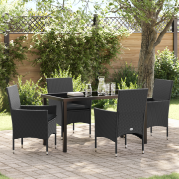 Vidaxl 5 Piece Garden Dining Set With Cushions Black Poly Rattan, Vidaxl Garden Table Black 140x80x73 Cm Tempered Glass