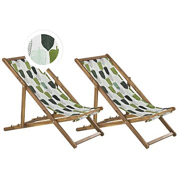 Set Of 2 Garden Deck Chairs Light Acacia Wood Frame Floral Pattern Replacement Fabric Hammock Seat Reclining Folding Sun Lounger Beliani