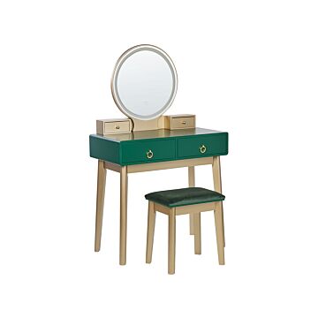 Dressing Table Green And Gold Mdf 4 Drawers Led Mirror Stool Living Room Furniture Glam Design Beliani