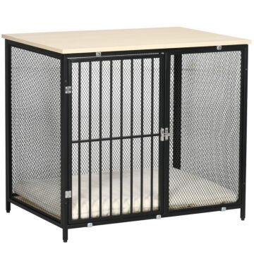 Pawhut Dog Crate Furniture Side End Table With Soft Washable Cushion, Indoor Dog Kennel With Wire Mesh Wall, Wooden Top, For Medium Small Dogs