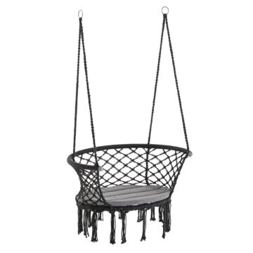 Outsunny Hanging Hammock Chair Cotton Rope Porch Swing With Metal Frame And Cushion, Large Macrame Seat For Patio, Bedroom, Living Room, Dark Grey