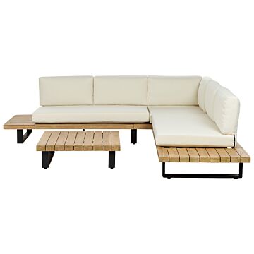 Corner Sofa Garden Set Off White And Light Wood 5 Seater Low Seat With Coffee Table Beliani