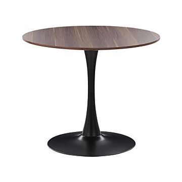 Dining Table Dark Wood With Black Mdf Top Metal Base 90 Cm Industrial Round Kitchen Table Beliani