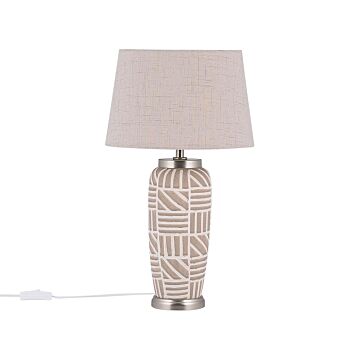 Bedside Table Lamp Beige And White Ceramic 48 Cm Pattern Stripes Drum Shade Traditional Beliani